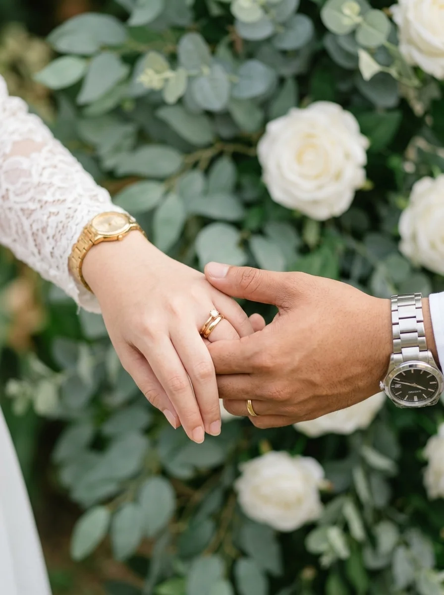 Couple holding hands with rings